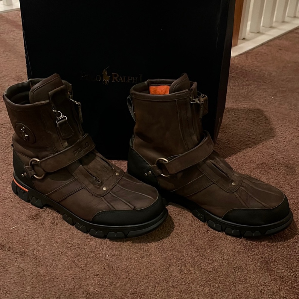 Polo Conquest High III Distressed Leather Double Zip Ankle Boots Brown Size 10D